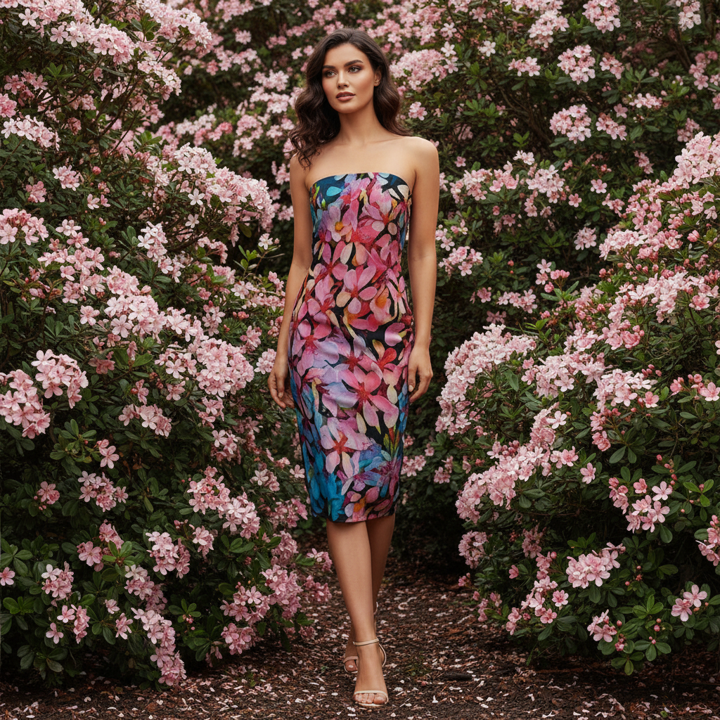 “Pink India Hawthorn” Women's Side Split Tube Top Dress