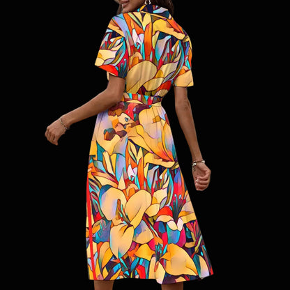 “Fragmented Bloom”  Women's Shirt Dress with Waist Tie