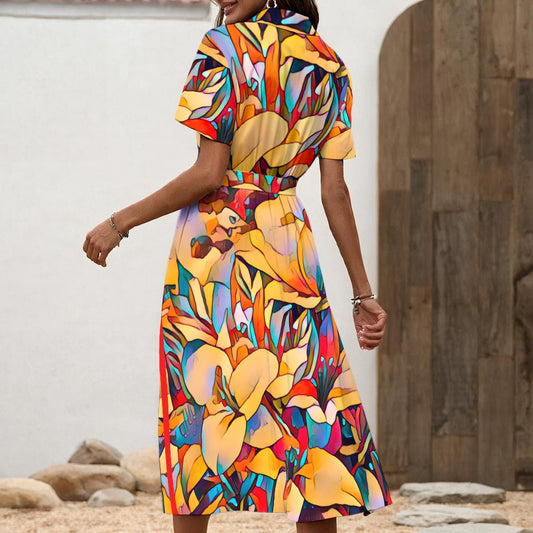 “Fragmented Bloom”  Women's Shirt Dress with Waist Tie