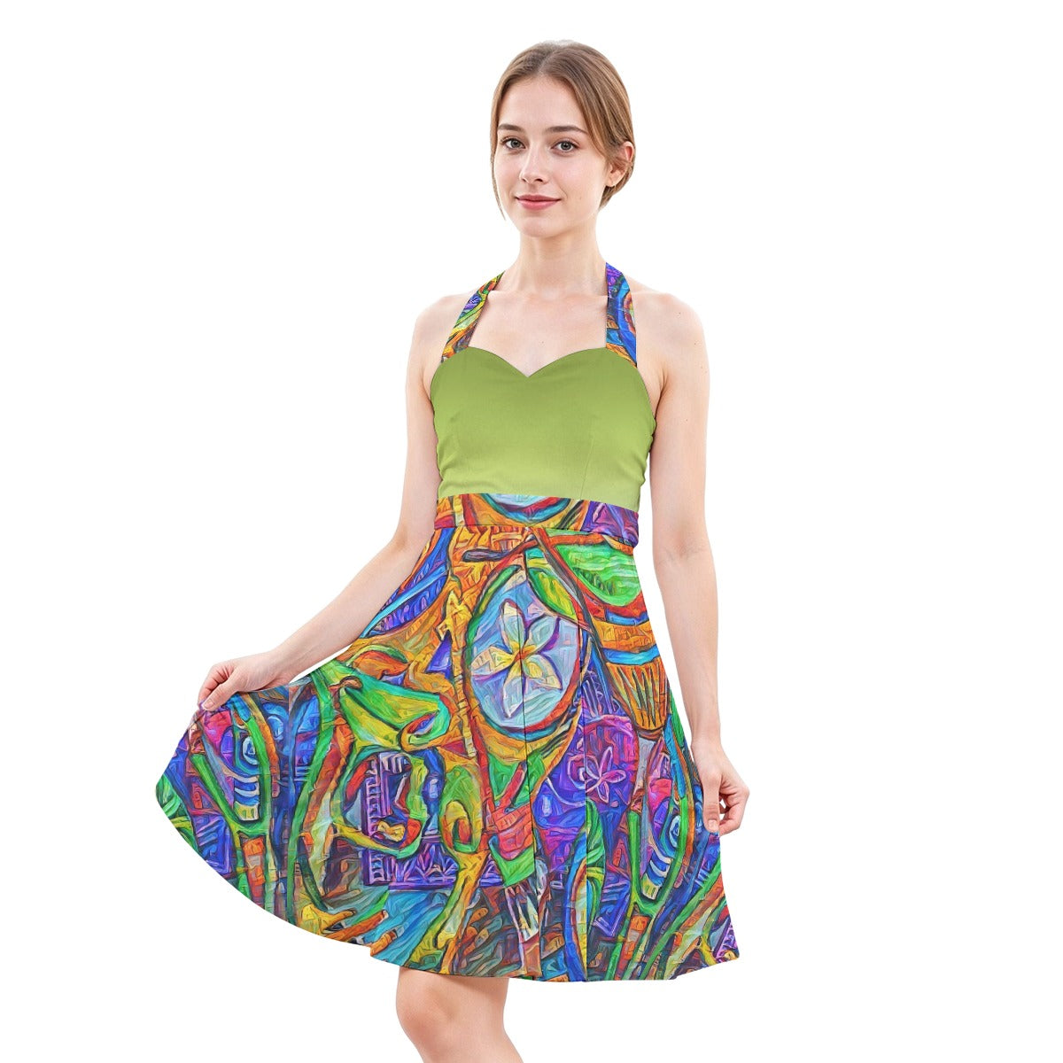 “Tropical Kaleidoscope” Women’s Halter Skater Dress