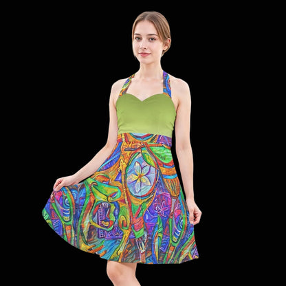 “Tropical Kaleidoscope” Women’s Halter Skater Dress