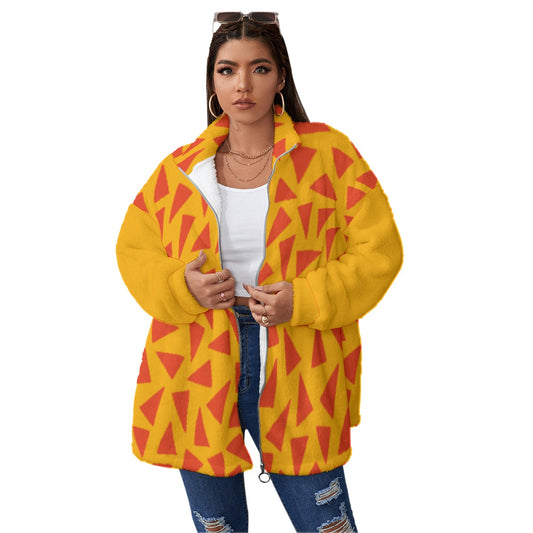 “Tangerine Tease” Unisex Borg Fleece Stand-up Collar Coat With Zipper Closure(Plus Size)