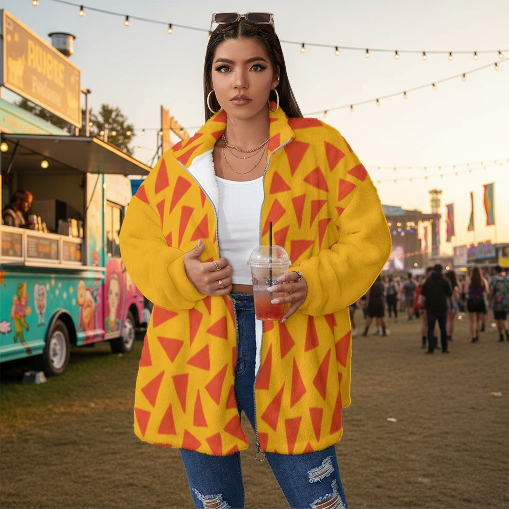 “Tangerine Tease” Unisex Borg Fleece Stand-up Collar Coat With Zipper Closure(Plus Size)