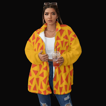 “Tangerine Tease” Unisex Borg Fleece Stand-up Collar Coat With Zipper Closure(Plus Size)