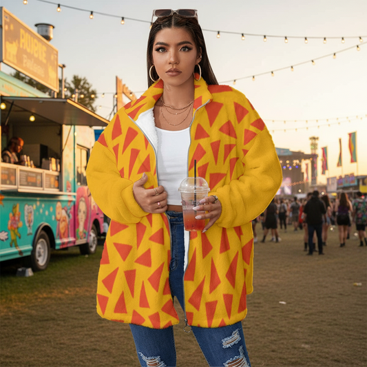 “Tangerine Tease” Unisex Borg Fleece Stand-up Collar Coat With Zipper Closure(Plus Size)