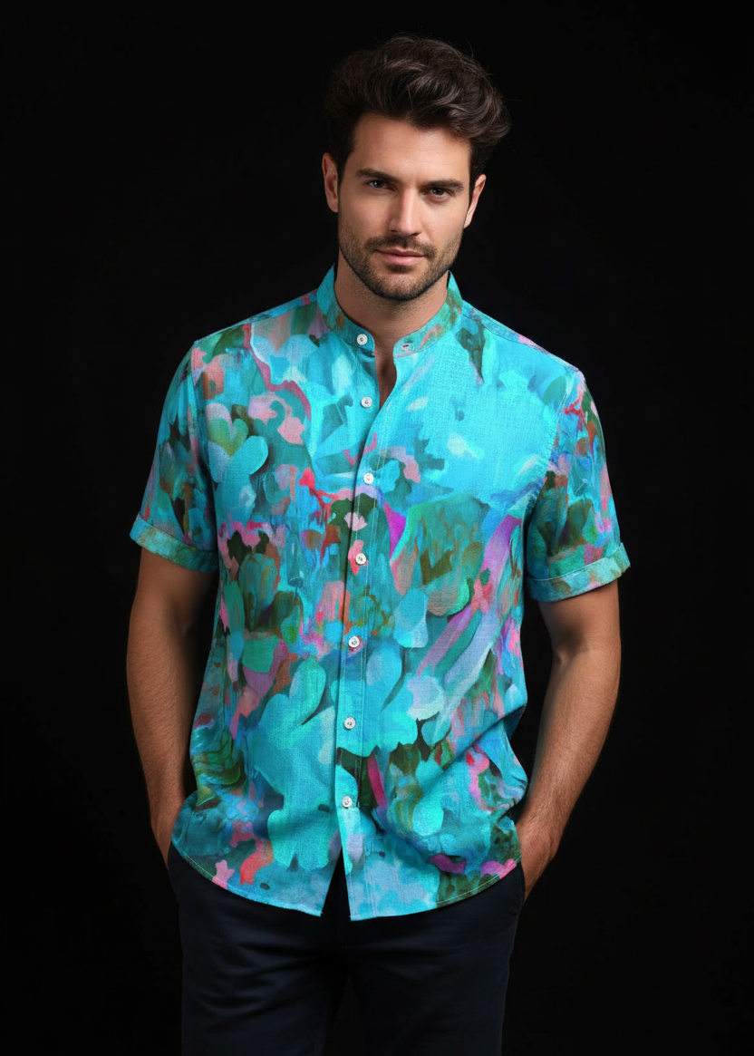 “Aqua Flora” Men's Stand Collar Shirt|115GSM Cotton poplin