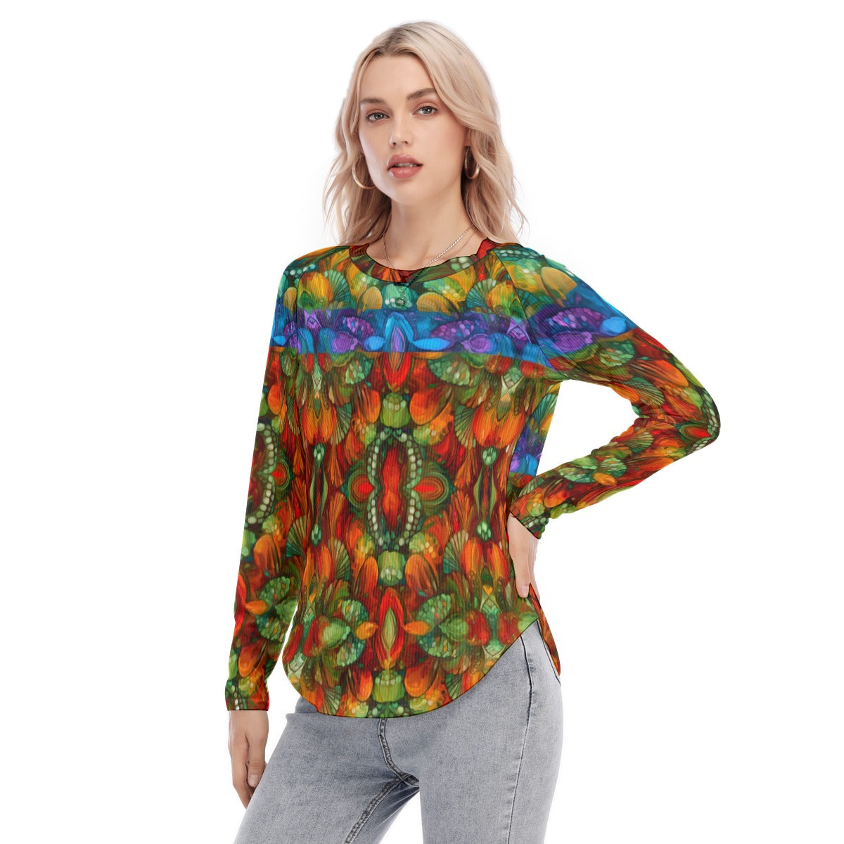 “Kaleidoscopic Spectrum” Women's Raglan Sleeves U-Shaped Hem Long Sleeves Blouse