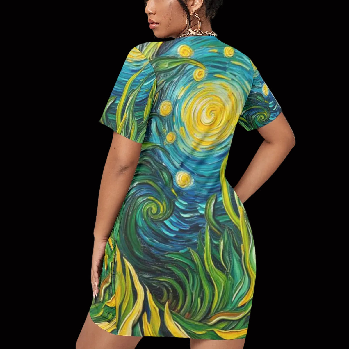 “Vincent Through the Seagrass” Women’s Stacked Hem Dress With Short Sleeve（Plus Size）
