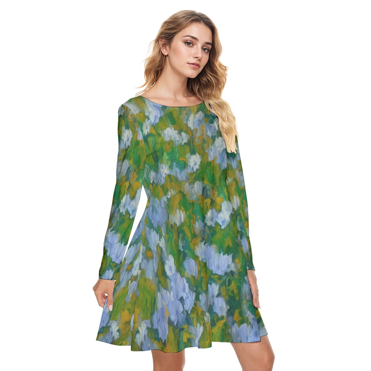 “Dreamscape Garden” Women's Round Neck Dress|190GSM Cottonams
