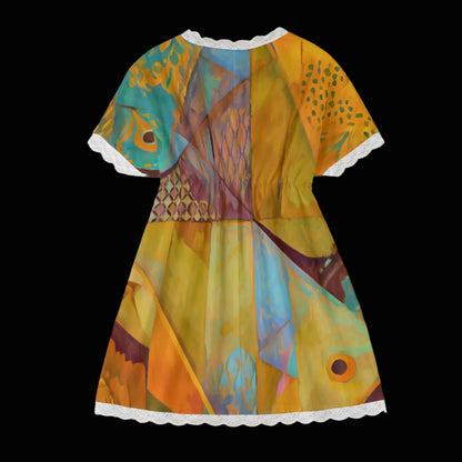 “Aqua Landscape” Women's Lace Edge Sleepwear With Bat Sleeve