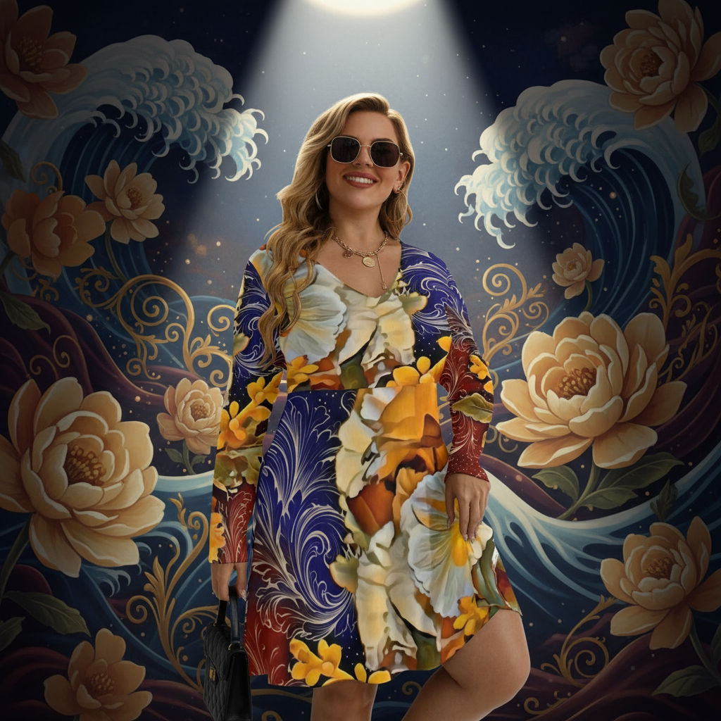 “Solara” Women's V-neck Long Sleeve Dress(Plus Size)