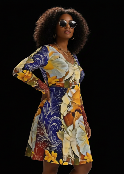 “Solara” Women's V-neck Long Sleeve Dress(Plus Size)