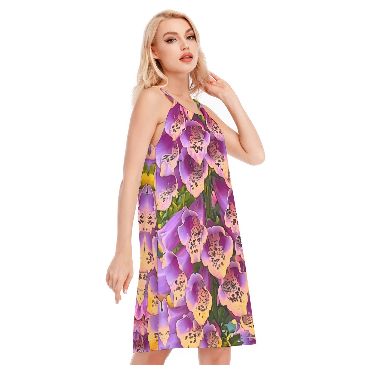 “Foxglove Cascade“ Women's O-neck Cami Dress | 190GSM Cotton