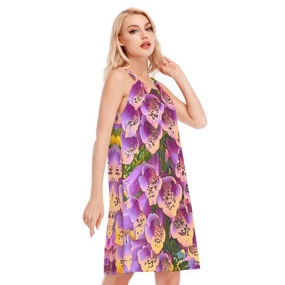 “Foxglove Cascade“ Women's O-neck Cami Dress | 190GSM Cotton