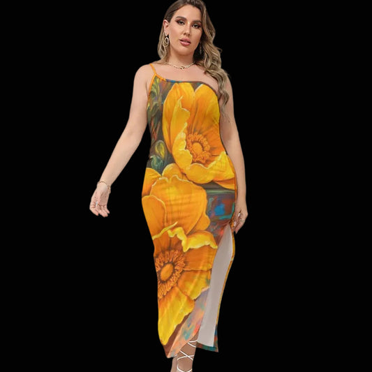 “Golden Cascade” Women's Oblique-Shoulder Exposure Dress With Side Split (Plus Size)